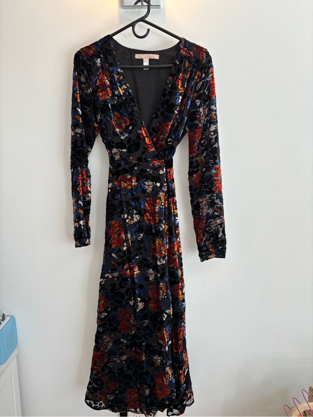 Hutch Black Velvet Floral Wrap Dress with Red and Blue Accents